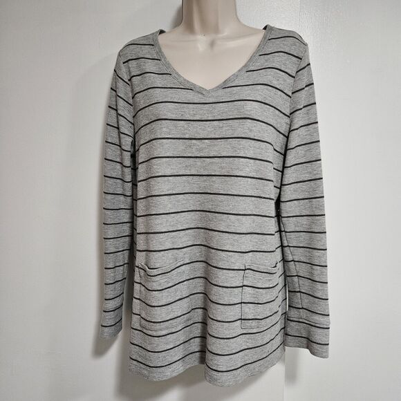 J Jill  Size Small Gray‎ Striped Ribbed Knit Long Sleeve Pockets V Neck Sweater - Picture 1 of 6